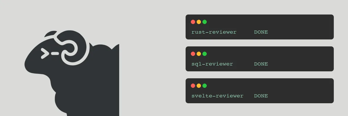 The herdr sheep logo next to three terminal panes labelled rust-reviewer, sql-reviewer, and svelte-reviewer, each reporting DONE.