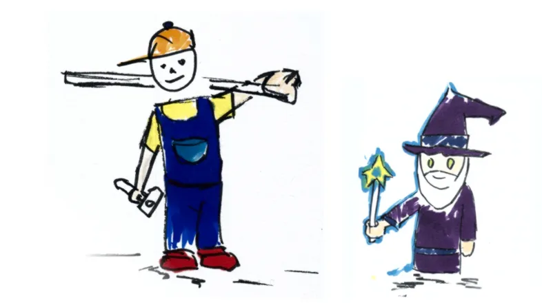 Two drawings from the H4Sci course: a kid in overalls holding a hammer, and a wizard with a wand. Carpentry and wizardry.